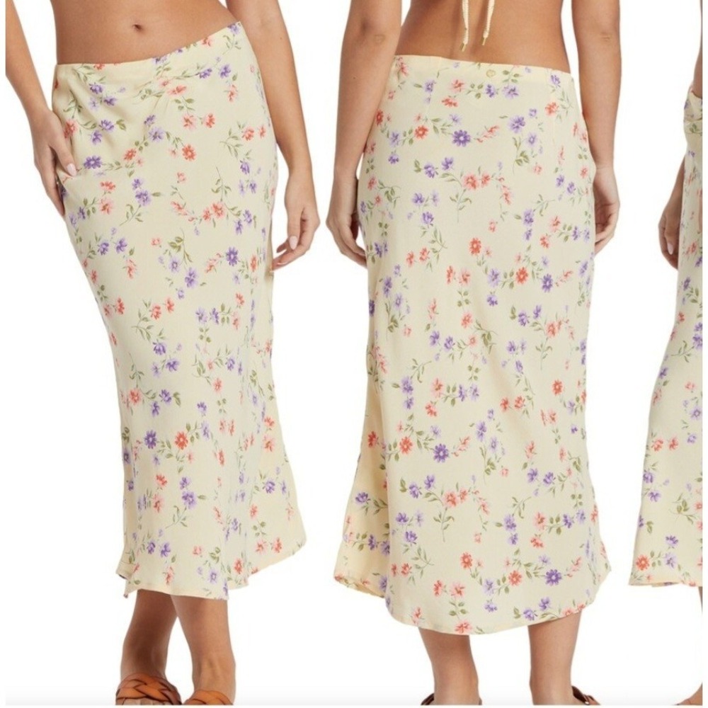 Billabong Summer Side Kismet Floral Midi Skirt L Yellow Boho Viscose